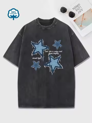 Retro Blue Jean Star Print Snow Wash T Shirt Woman Y2K Washed Tees O-Neck Casual Short Sleeve All-Ma
