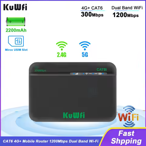 KuWFi CAT6 4G+ Mobile Router 1200M 2.4G 5G Dual Band WiFi Rate Portable Travel 4G Modem 2200mAh Batt