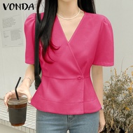 เสื้อเสื้อนอก A-Line แขนสั้นคอวีสไตล์ผู้หญิง VONDA เก็บเอวสีพื้น (ลำลองเกาหลี)