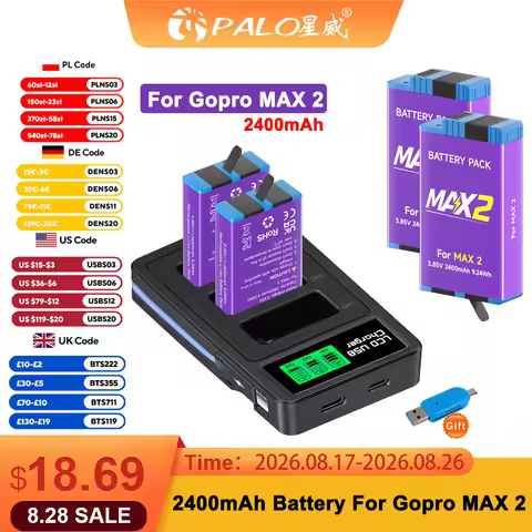 2400mAh Battery For Go Pro MAX2 Rechargeable Lithium Battery+3-Slots LCD Charger For Gopro Max 2 Act