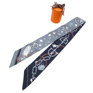 愛馬仕 Twilly Seraphet 絲巾，灰色/海軍藍，0332 [二手] 愛馬仕