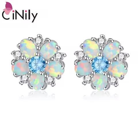 CiNily Garden Flower Shape Fire Opal Silver Plated Stud Earrings for Party Women Female Fine Jewelry