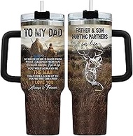 34HD Deer Hunting Dad Tumbler with Handle & Straw, 40z Daddy Travel Mug, Father & Son Hunter Cup, Hu