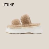 UTUNE Winter Women's Plush Slippers Two Straps Open Toe Indoor Slippers Thick Sole Soft Non-slip War