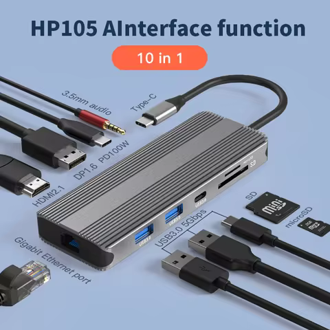 Blueendless 10 in 1 Ports Type C Adapter 4K 120Hz 8K DP Port Type C data Transfer USB3.0 TF SD Reade