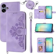 Wallet Case for Samsung Galaxy A06/A07 with Wrist Strap Crossbody Shoulder Strap, Embossed Leather F