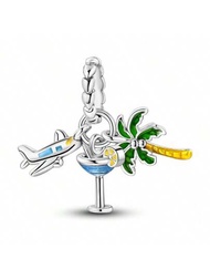 椰樹雞尾酒飛機魅力吊墜,適用於原創手鍊項鍊925銀 Diy精美珠寶生日派對禮物