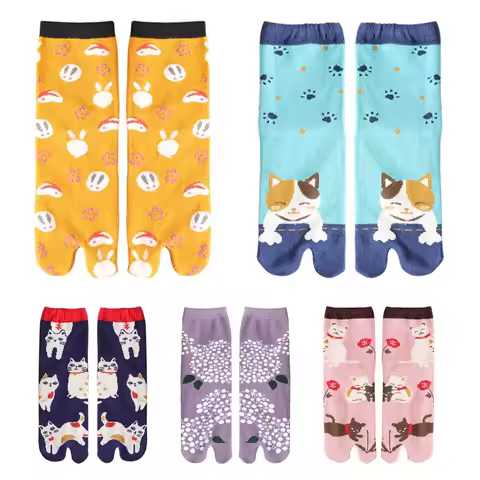 Women Split Toe Kimono Tabi Crew Socks Cute Cartoon Floral Bunny Print Flip Flop Sandal Japanese Nin