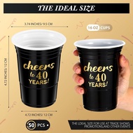 50 Pcs Cheers to 40 Years 16 oz Birthday Party Disposable Cups Black Gold Plastic Tumbler Cups for 4