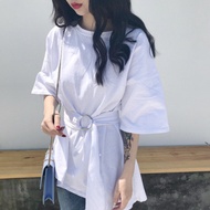 Short Sleeve Women 2022 New chic Korean Version Irregular Mid-Length Loose T-Shirt Dress Narrow-Waist Lace-Up Top St