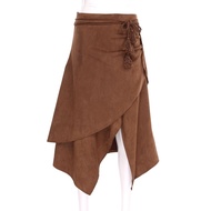 inlzdz Womens Western Cowgirl Skirt Tiered Irregular Hem Side Zipper A-line Belted Skirt Y2K Midi Sk