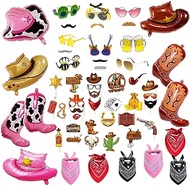 58 Pcs Bulk Western Cowboy Cowgirl Photo Booth Props Set, Funny West Sunglasses, Balloons, Wild West