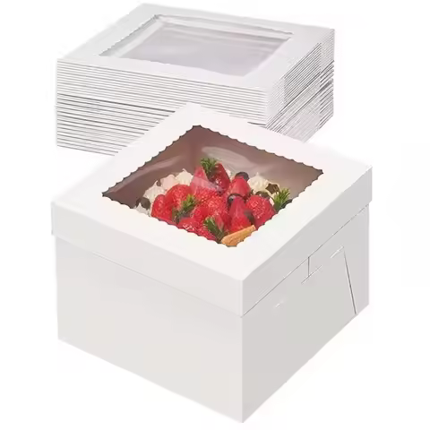 5pcs Cake Boxes White Cake Box with Window,Square Cardboard Cake Box for Cake Decorating Wedding Bir