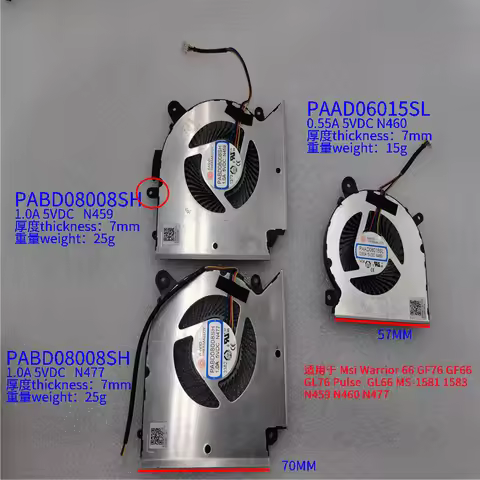CPU GPU FAN FOR Msi Warrior 66 GF76 GF66 GL76 Pulse GL66 MS-1581 1583 PABD08008SH N477 N459 PAAD0601