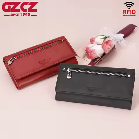 GZCZ Genuine Leather File Master Womens RFID Blocking Wallet Clutch Organizer With Change Pocket Coi