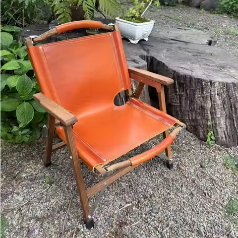 Cowhide Leather Folding Chair Outdoor Camping Leisure Chair Balcony Backrest Lazy Recliner Portable 