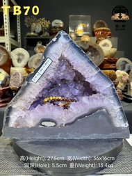 nice gold element amethyst geode crystal cave 五行“金” 💯天然紫晶洞 底部带一颗玛瑙财眼💰 洞里带一颗黄方解石 紫晶体共生黄娇花 (如定制实木底座另加R