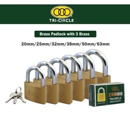 Tri-Circle 20mm 25mm 32mm 38mm 50mm 63mm Brass Padlock + 3 Brass Key Kunci Mangga