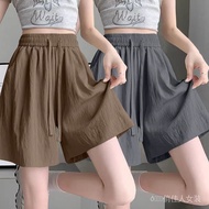 【晨曦旗舰店】 Women's thin shorts 单/两件高腰松紧抽绳显瘦短裤女百搭外穿阔腿休闲透气五分裤     【0906GJn212ge9】