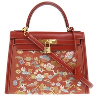 愛馬仕 Kelly 28 手袋，成色極佳，外部縫線，京都刺繡，和服圖案，Box 小牛皮，磚紅色，金色五金，□J 印記，手提包，棕色，1752 [二手] 愛馬仕和服