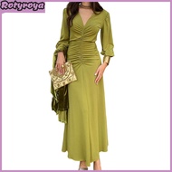 Womens Ruched Bodycon Evening Dress Casual Long Sleeve V Neck Prom Dress Cocktail Party Formal Maxi