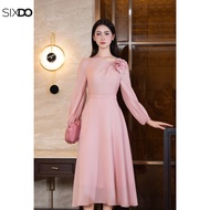 Đầm xòe tơ organza dài tay phối hoa 3D SIXDO (Pink 3D Flower Organza Flared Dress)