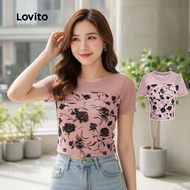 Lovito Women's Floral Mesh Contrast Summer Spring Casual Shirt L132ED374