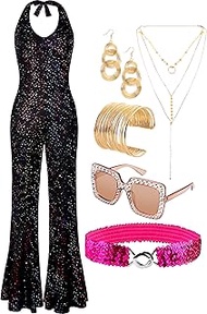 70s Disco Jumpsuit Costumes Women Fashion Disco Accessories for Halloween Necklace Earrings Bracelet