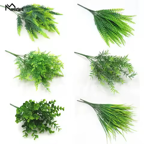 Meldel Artificial Plastic Plants 7 Forks Imitation Plastic Ferns Grass Green Leaves Fake Plants Home
