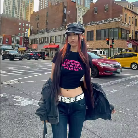 Caution! You Might Fall In Love With Me Y2K Crop Top Funny Slogan Text T-Shirt Baby Graphic Tee