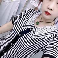 Top Women Western Style Age-Reducing Lace Doll Collar Striped Half-Sleeved T-Shirt Women Summer Korean Version S