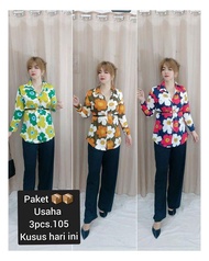 3PCS PAKET USAHA ATASAN WANITA KEMEJA DAISI 7C046#STL Baju Panjang Oversize Top Crop Katun Santai Cr
