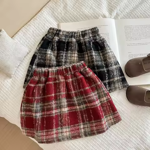 Korean Children's Thick Casual Skirt 2025 Autumn Winter New Versatile Stylish Girls' Checkered Woole