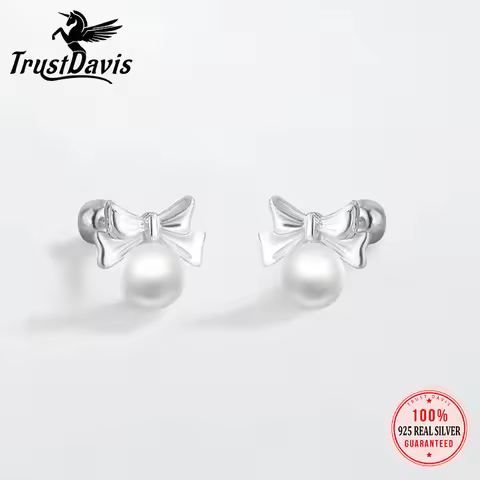 Trustdavis Real 925 Sterling Silver Fashion Classic Pearl Round Stud Earrings for Women Gift Birthda