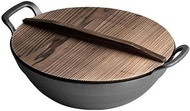 SMLZV Traditiona Cast Iron Wok - Non-Stick Pan Pre-Seasoned - with Wooden Lid and Ear Handle,Stir Fry Pan