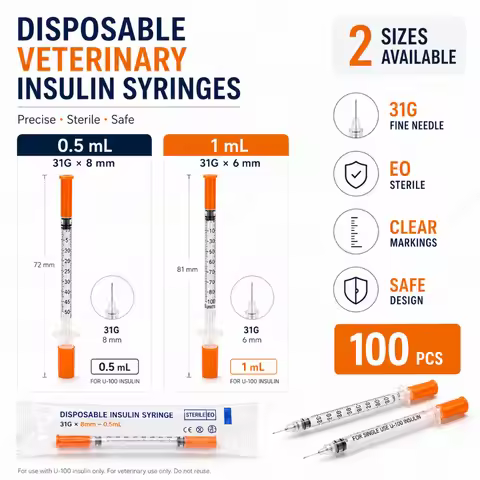 Plastic Insulin Syringe Disposable Sterile Tool 0.5ml /1ml Sizes with Orange Capped Needles for Vete