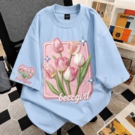 SUKISILK Women Print T‐Shirt Sweet Casual Unisex Vintage Square Frame Tulip Text Graphic Tee g59