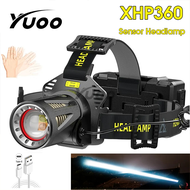 YUOO ไฟฉายคาดศีรษะ LED เซ็นเซอร์ XHP360ไฟฉายหัวไฟหน้าแบบชาร์จด้วยยูเอสบีแบบซูมได้ไฟฉุกเฉินตกปลากลางแ