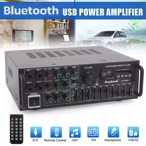 Artudatech Bluetooth 5.0 HiFi Sunbuck 2000W Stereo Power Amplifier Karaoke FM USB SD AUX