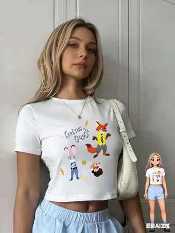 2026 Zootopia Judy Nick Crop Top Baby Tee Y2K Cute "Feeling Good" Print Short Sleeve T-Shirt for Wom