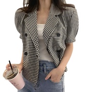 Korean Style Women Ladies Plaid Short Blazer Jacket Fashion Retro Thin Short Small Suit Coat Sunscreen Clothes