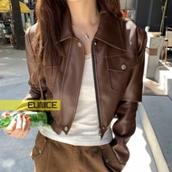 Eunice - Crop Leather Jacket Pocket CollarWanita