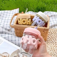 Double Straw Cup | Cute Patterned Glass 350ML | Cute HoHo Motif Cup