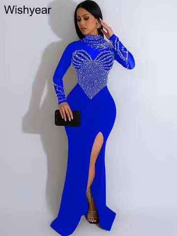 Wishyear Elegant Luxury Wedding Party Mermaid Dress Women Mesh See Through Diamonds Formal Evening C