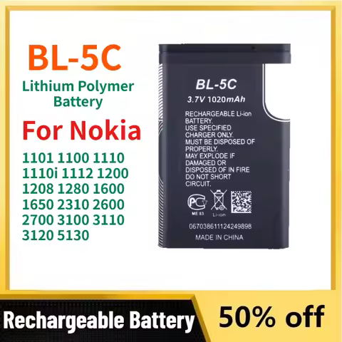 BL-5C Lithium Polymer Battery for Nokia 1101 1100 1110 1110i 1112 1200 1208 1280 1600 1650 2310 2600