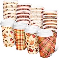 Whaline Fall Disposable Coffee Cups with Lids 16 Oz Autumn Leaves Paper Cups Checkered Pattern To Go