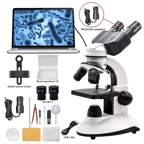 40X-1280X Compound Binocular Microscope, Dual LED with USB Camera, Slides, Phone Mount & Specimen Ki