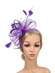 簪花帽優雅的花簪羽毛德比頭帶夾的婚禮頭飾，適用於女孩和女人紫色