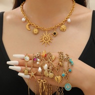 Boho Celestial Necklace – Gold Charm Pendant, Sun Moon Star & Pearl, Clavicle Chain, Vintage Astrolo