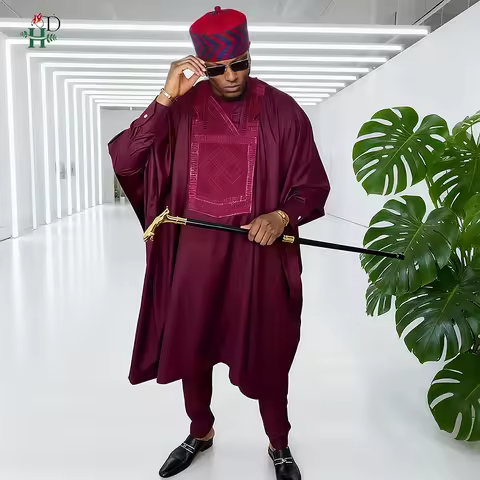 H&D African Men's Traditional 3PCS Outfit Thobe Set Burgundy Agbada Embroidered Robe Plus Size For W